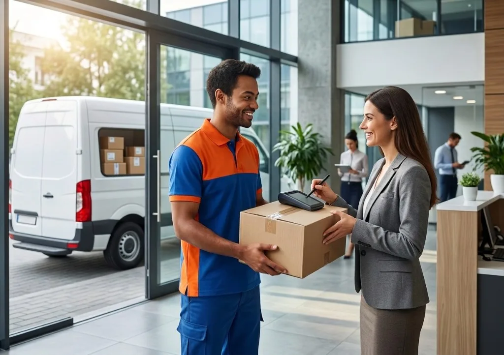 Business delivery courier handing package to client in office lobby