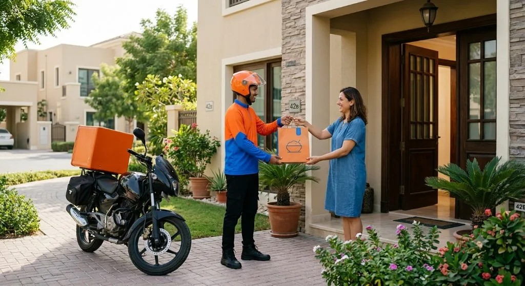 Last mile delivery courier handing order to customer