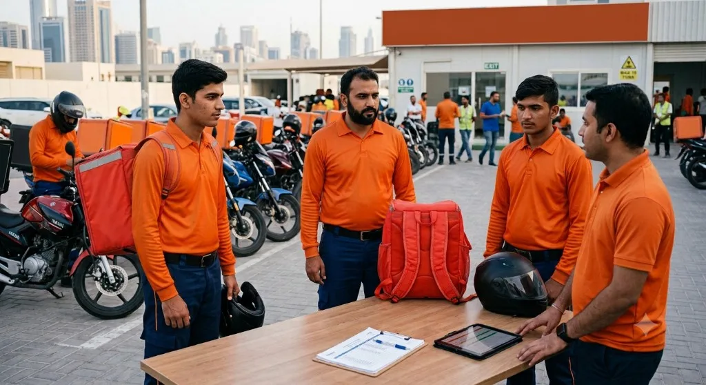 Delivery couriers in orange uniforms at dispatch briefing with motorcycles in background